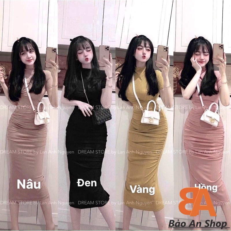 Đầm body tay ngắn cổ cao