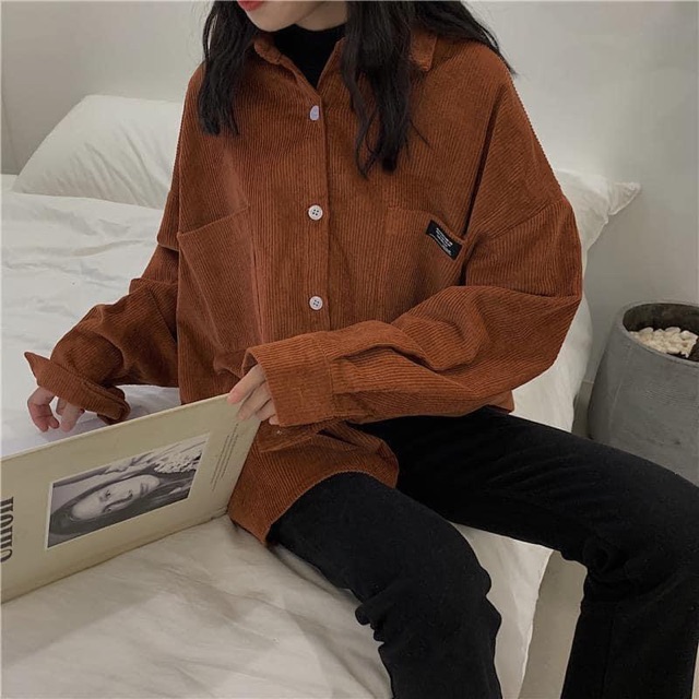 Áo sơ mi nhung lì 2 túi oversize vintage Hàn Quốc 1hit_unisex