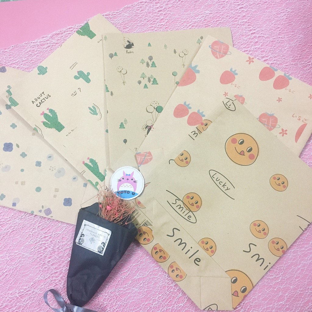 Túi giấy vintage kraft hoạt tiết kèm sticker &quot;Thank you&quot; 22 x 18 x 5cm (mẫu ngẫu nhiên)