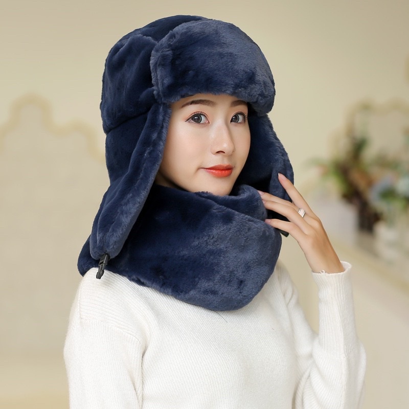 Mũ Lông Trùm Tai  Kèm Khăn Ấm Áp  Kiểu Nga Thời Trang , Bộ Nón Lông