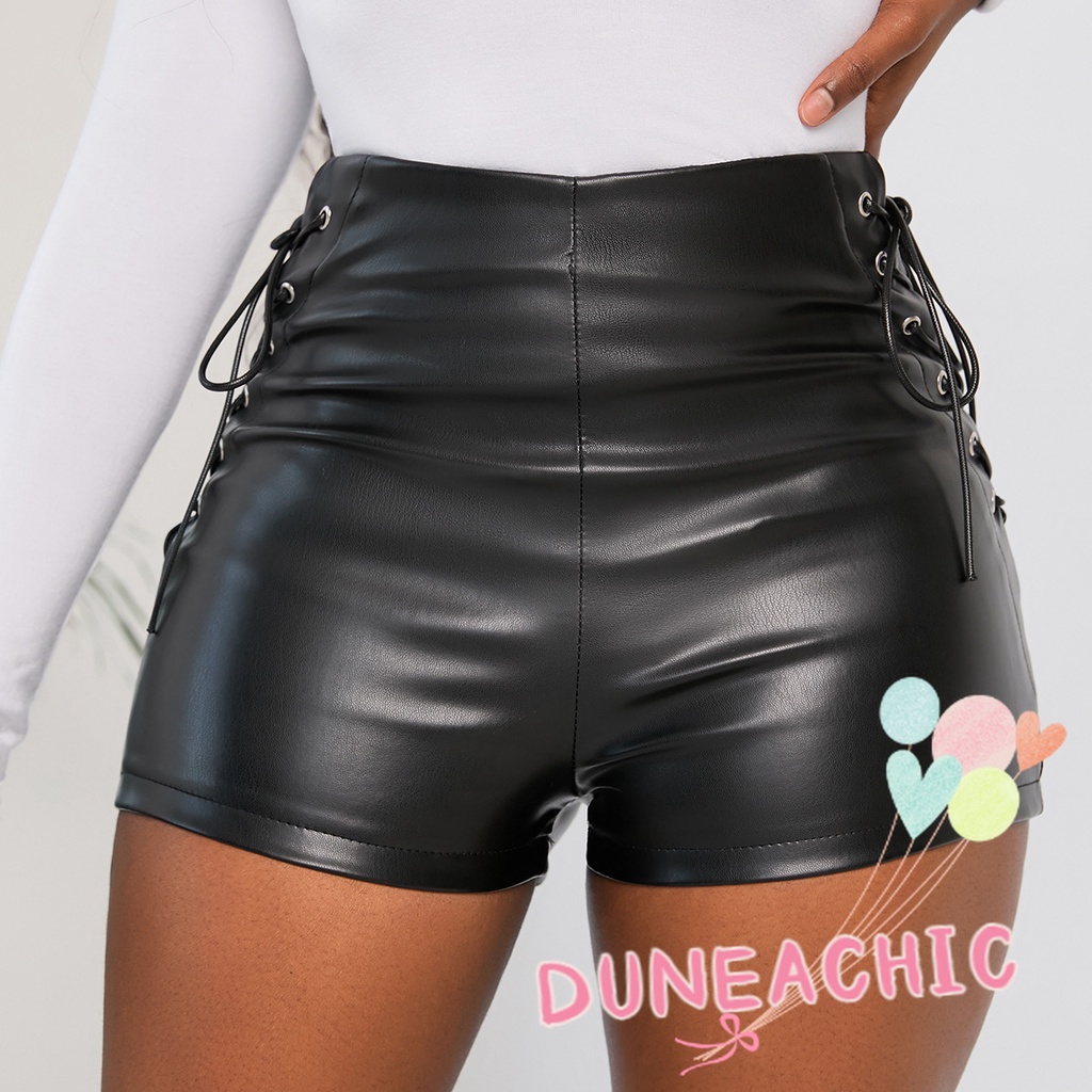 DUNEA Quần Short Da PU Lưng Cao Phối Dây Rút Thời Trang Đường Phố Cá Tính Cho Nữ