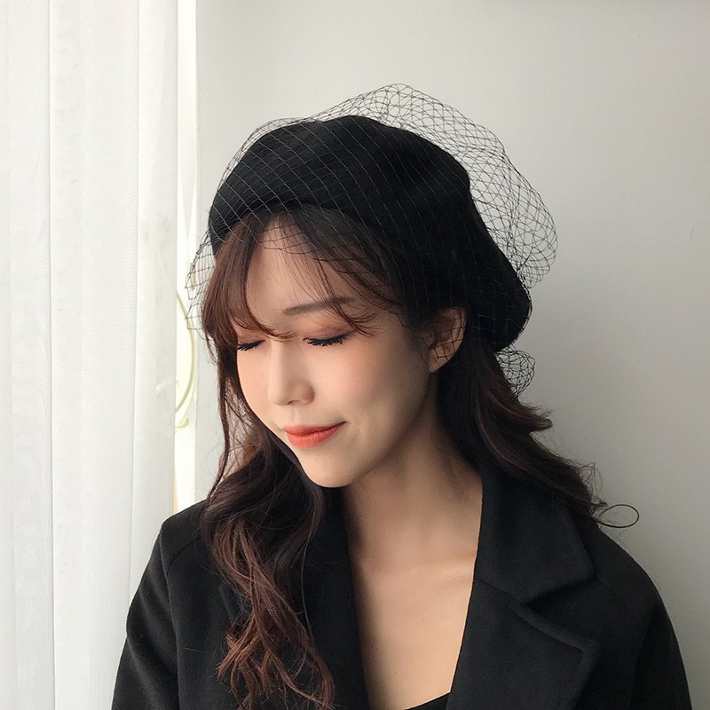 Mũ nồi len phối ren lưới phong cách Anh quốc thời trang retro cho nữ