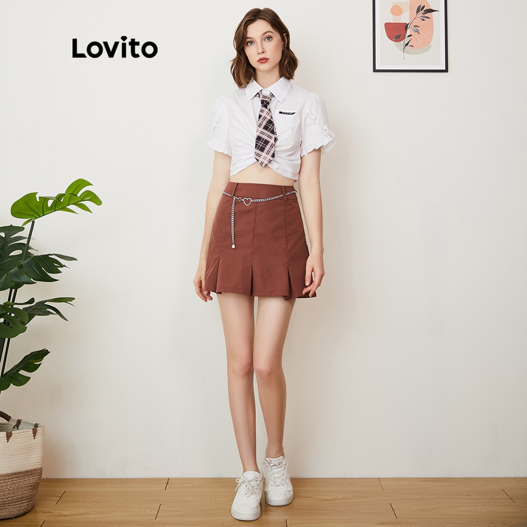 106DP-Chân váy Lovito phối dây xích thắt lưng màu trơn phong cách Preppy đa năng L24AD163