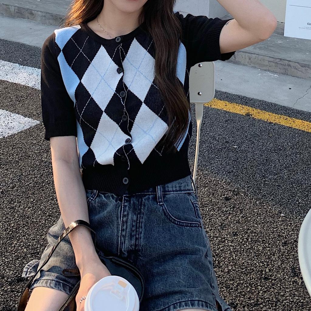 Áo lửng tay ngắn in họa tiết caro phong cách quyến rũ cho nữ