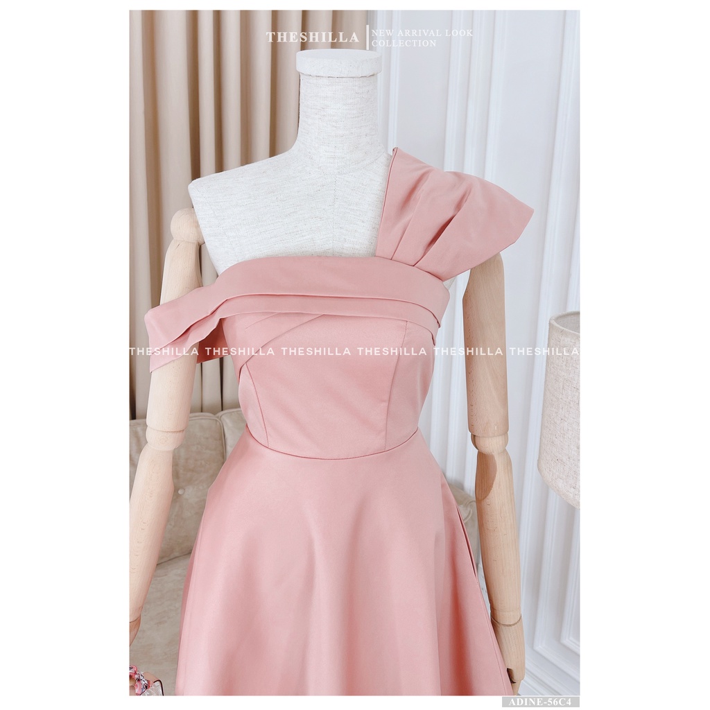 Váy thiết kế cao cấp hồng pastel lệch vai nơ ngực form xòe sang trọng [ Có video + Ảnh thật ] The Shilla -Adine-56C4