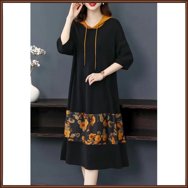 Đầm Hoodie Tay 3/4 Dáng Rộng In Họa Tiết Hoa Màu Tương Phản Thời Trang Cho Nữ