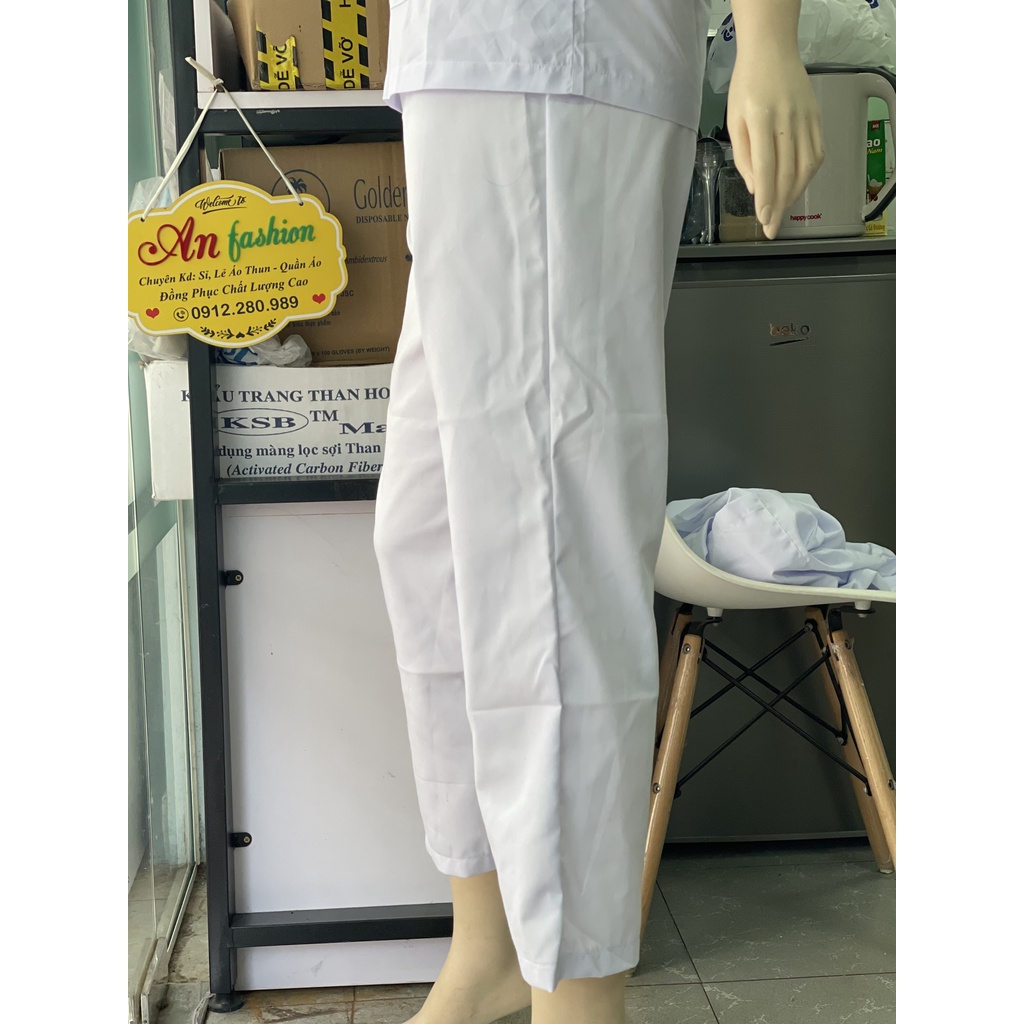 Quần blouse nam nữ trắng cao cấp - Quần lưng thun không túi sang trọng cho bác sĩ, điều dưỡng, y tá vải kaki dầy mịn .