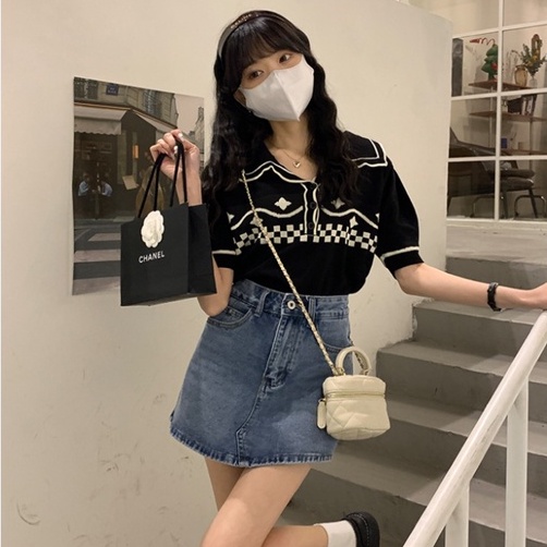 Áo thun polo ZHELIHANGFEI dệt kim tay phồng ngắn phong cách vintage dễ thương