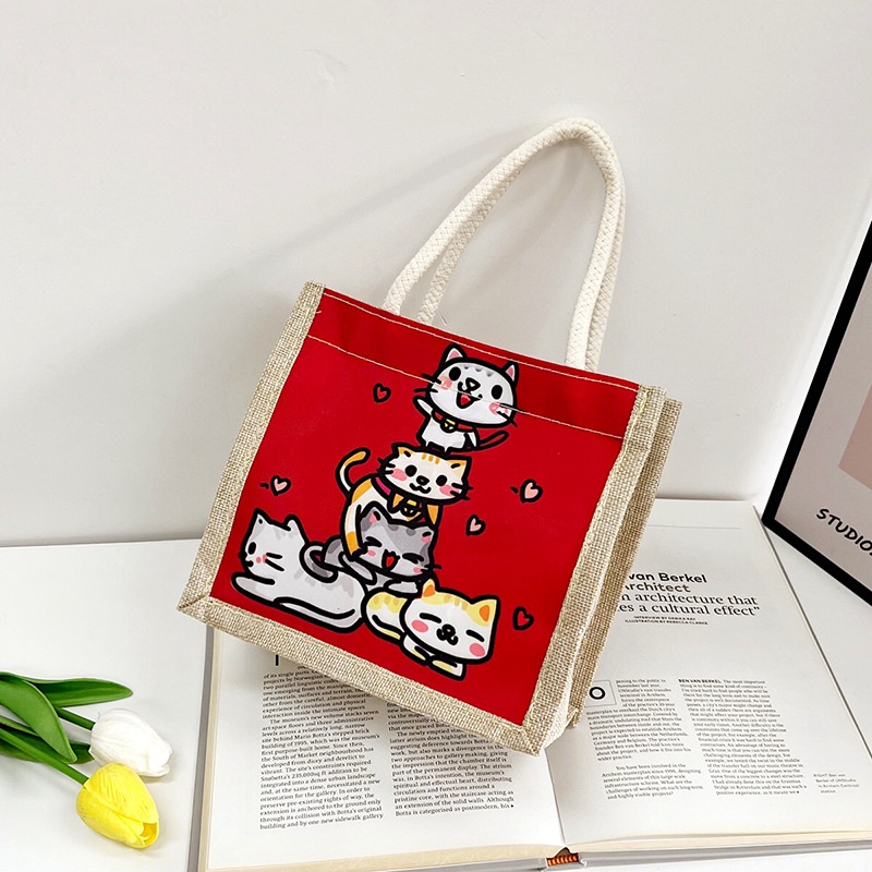 Túi Xách Đựng Hộp Cơm Trưa Vải Lanh Cotton Lanh In Hoạt Hình Dễ Thương