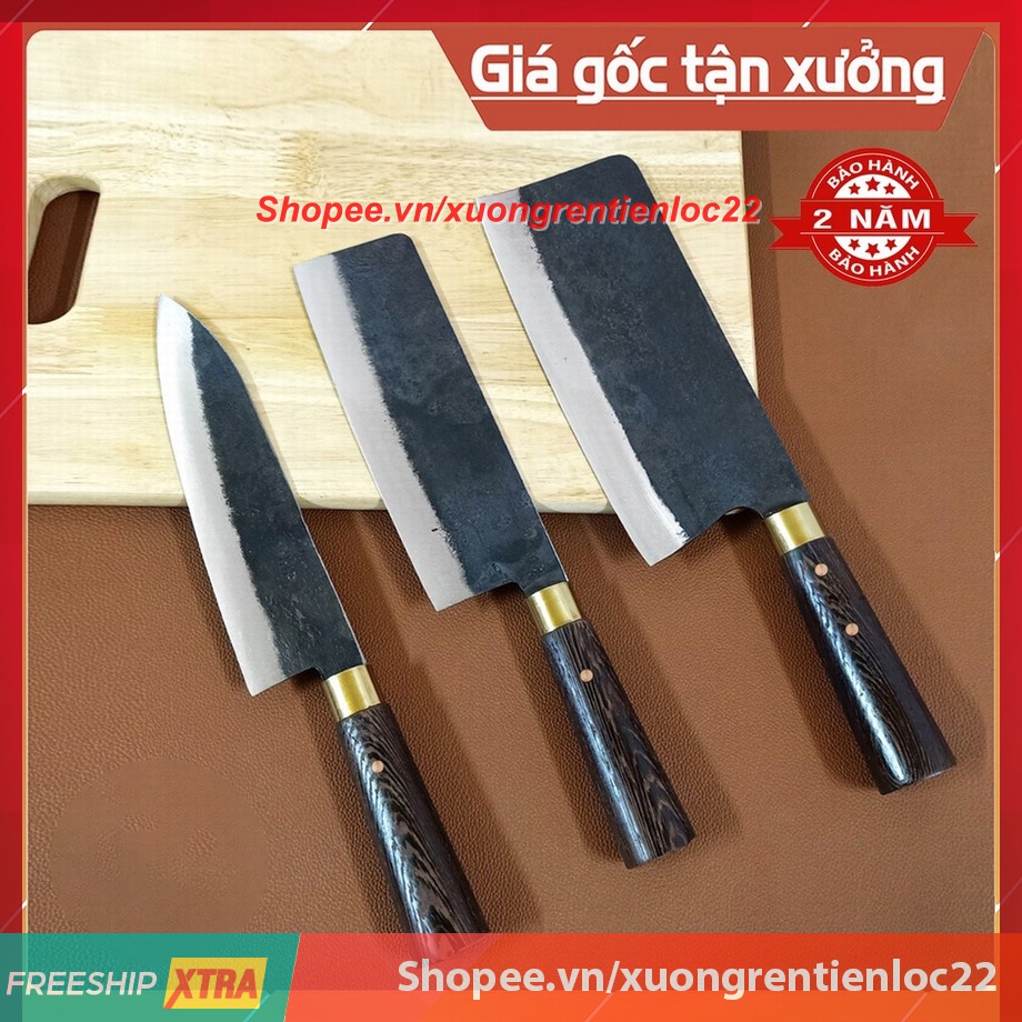 Bộ dao bếp 3 món (Chặt - Thái - Lọc) Rèn Từ Thép Nhíp Ô Tô - Cán Gỗ Cẩm - Dụng cụ nhà bếp