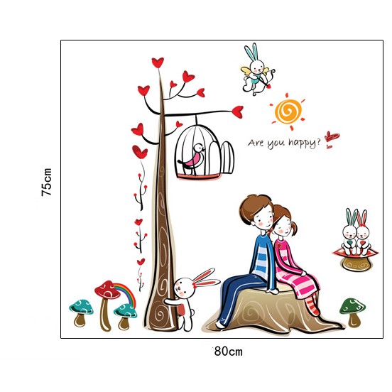 Decal trang trí tường - Cây trái tim lớn và đôi tình nhân đáng yêu