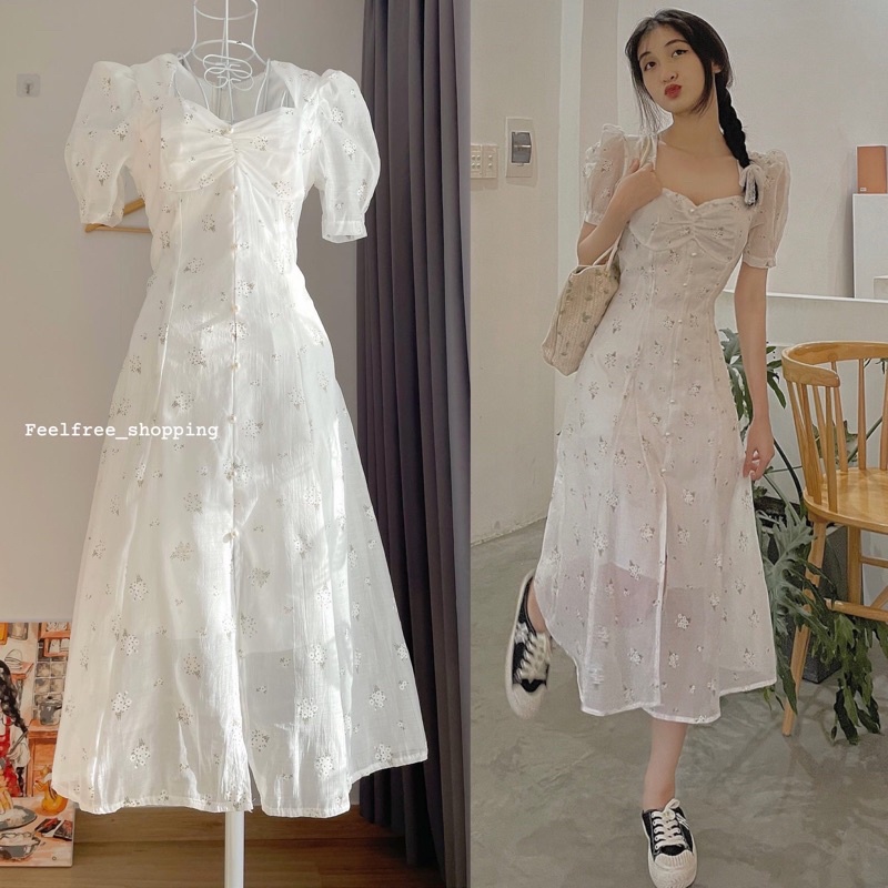 Đầm Trắng Dài Hoa Cúp Ngực 2 Lớp Công Chúa Mặc Đi Tiệc, Đi Chơi, Kỷ Yếu (Hình Thật) D001