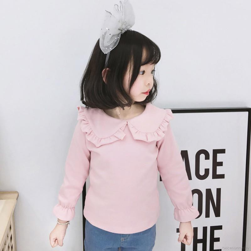 Áo thun tay dài phối bèo màu trơn cho bé gái