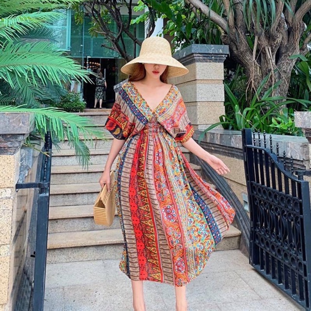 ĐẦM MAXI THỔ CẨM CỔ V TAY DƠI SANG CHẢNH ( KÈM ẢNH THẬT)