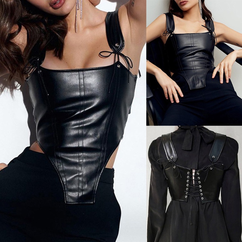 Áo Corset Da PU Hở Lưng Cột Dây Gợi Cảm Cho Nữ