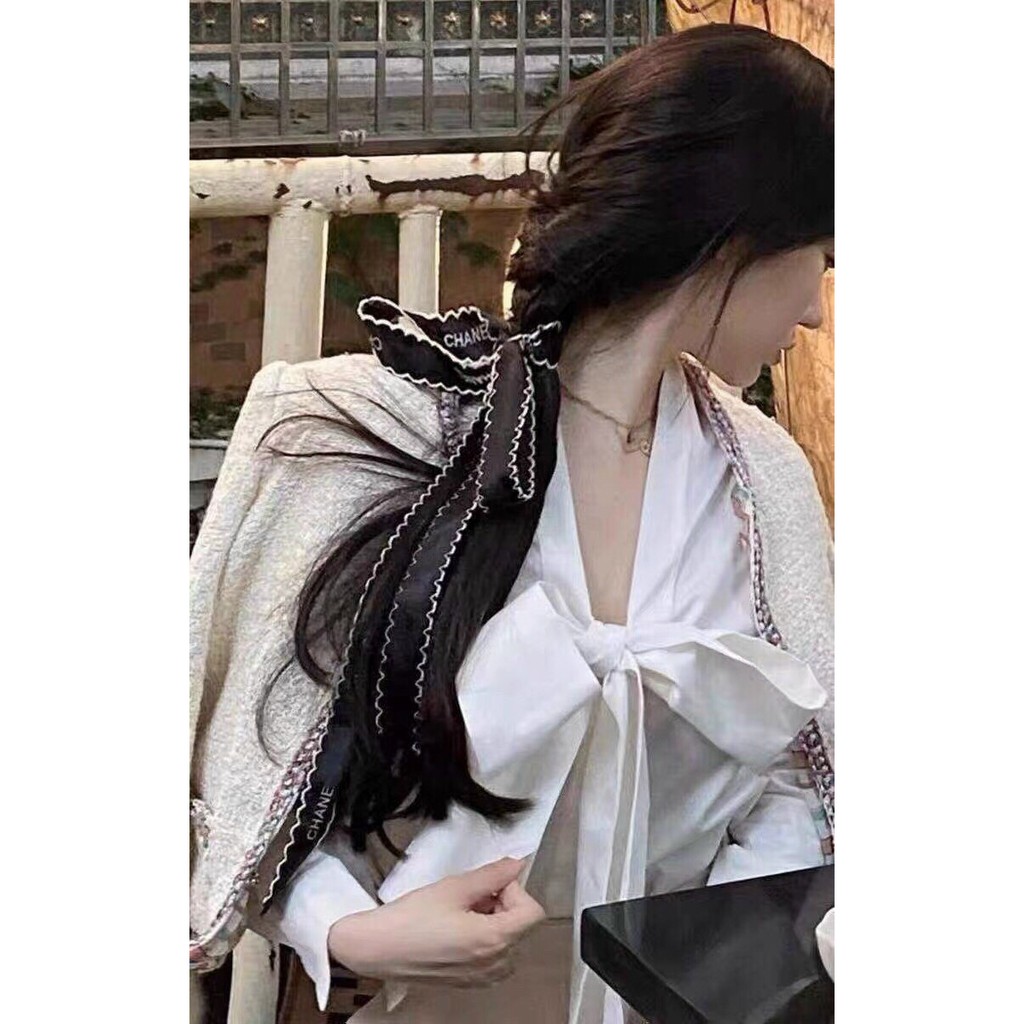 Buộc tóc dây nơ ruy băng (ribbon) họa tiết Chanel (2 cách sử dụng) HTRBCN-001.003