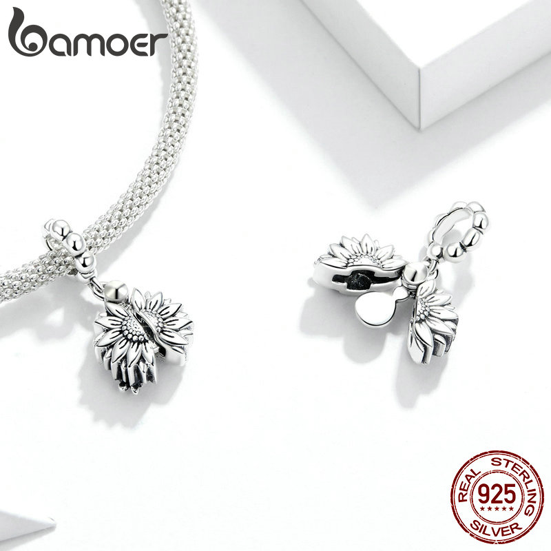BAMOER Hạt Bạc 925 Hình Hoa Hướng Dương Mặt Cười Dùng Làm Vòng Tay SCC1661
