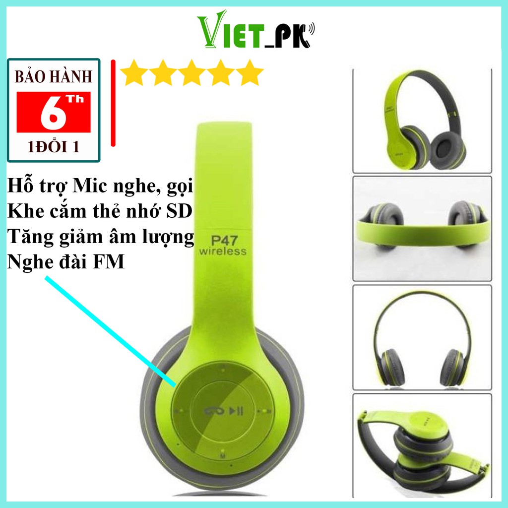 Tai nghe bluetooth p47 wireless chụp tai có khe cắm thẻ nhớ, mic nghe gọi tích hợp đài FM