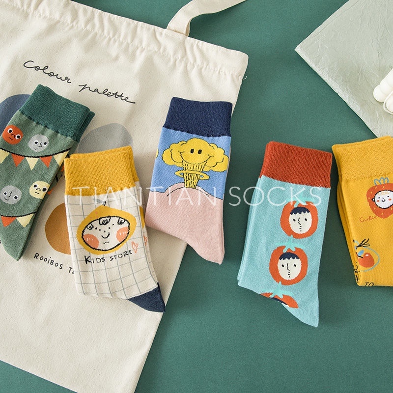 Tất vớ  nữ cổ cao cotton in họa tiết hoạt hình dễ thương phong cách Hàn Quốc