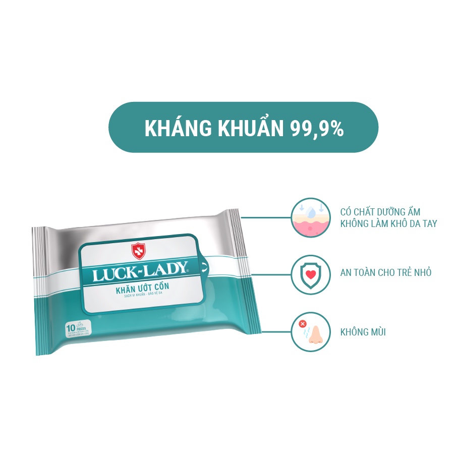 Khăn ướt cồn kháng khuẩn Luck Lady 10 tờ/gói - Combo 5 gói