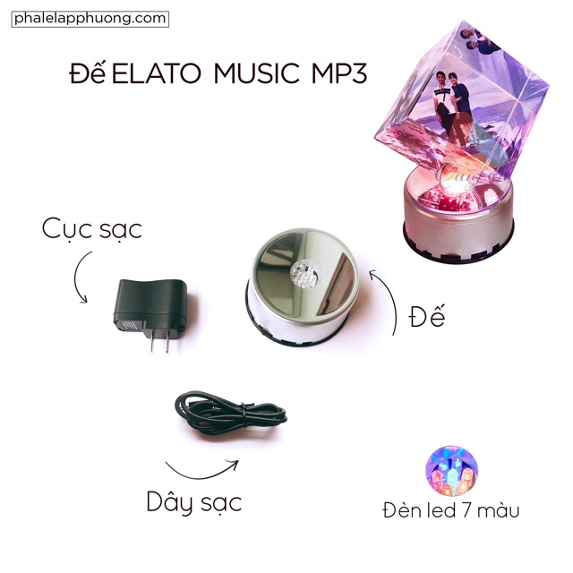 [MP3] Pha lê lập phương in hình ELATO MUSIC MP3 (đế sạc, đèn led, tự xoay, có khe cắm thẻ nhớ)