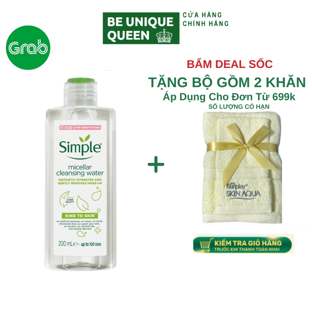 Nước tẩy trang Simple kind to skin micellar cleansing water 200Ml cho da dầu nhạy cảm chính hãng (date xa)