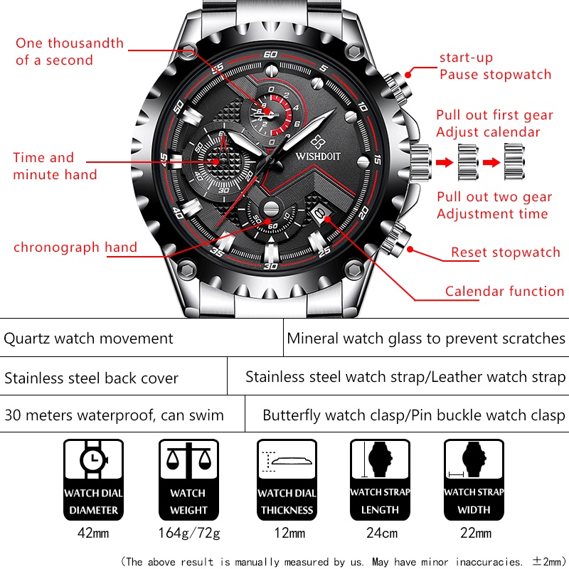 Đồng hồ thể thao WISHDOIT chống thấm nước bằng thép không gỉ Chronograph thời trang cho nam giới có hộp quà tặng màu bạc/đenWSD-017