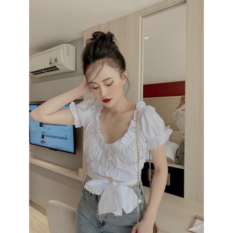 Áo croptop kiểu ôm tay ngắn, áo thun croptop tay phồng  cổ V viền bèo thắt nơ 2 màu LIKANO CRT77 | BigBuy360 - bigbuy360.vn