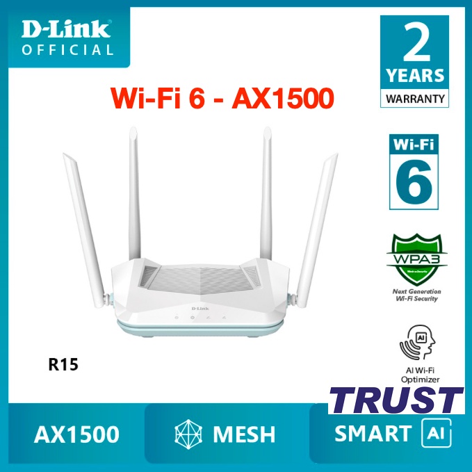 Bộ Phát Wifi Router thông minh chuẩn Wi-Fi 6 Gigabit Băng Tần Kép AX1500 -D-Link Eagle Pro AI R15 - AX 1500Mbps