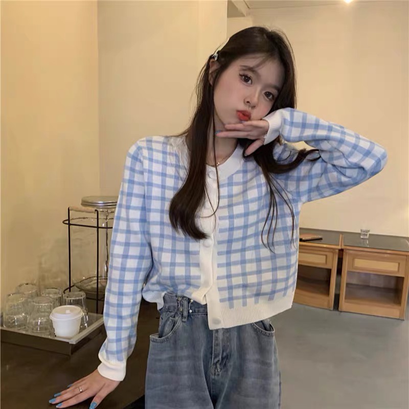 Áo Khoác len Cardigan Dệt Kim Cổ Tròn Sọc Caro Phong Cách Hàn Quốc Thời Trang Mùa Thu Cho Nữ | BigBuy360 - bigbuy360.vn