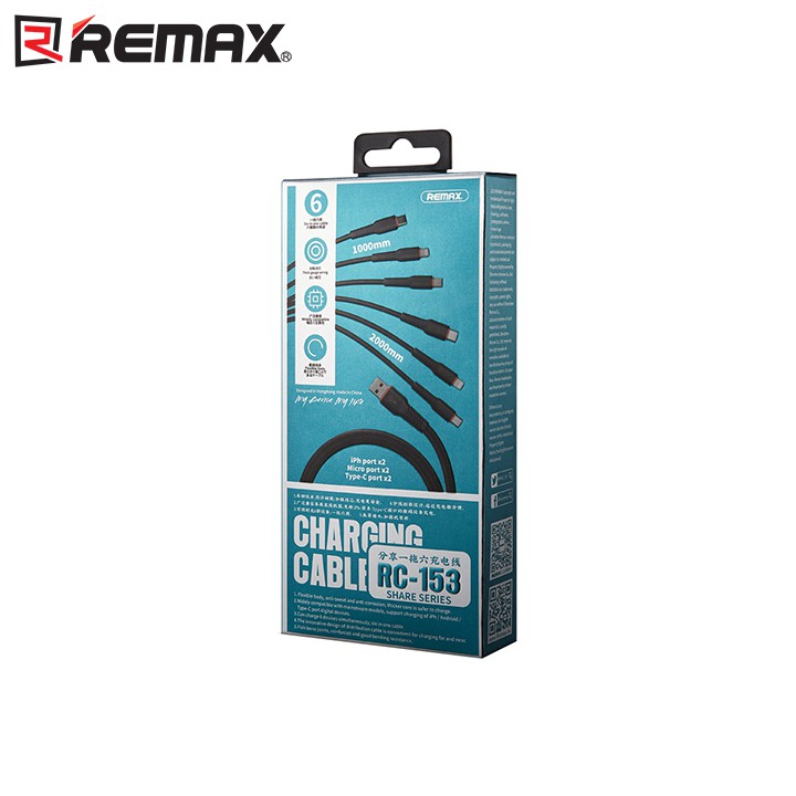 Cáp sạc Remax 6 in 1 RC-153 2 Cổng Type C, 2 Cổng Lightning, 2 Cổng MicroUSB Đỏ - Đen