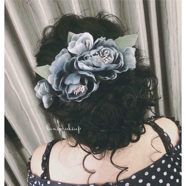 Bộ hoa cài tóc cô dâu màu xanh xám