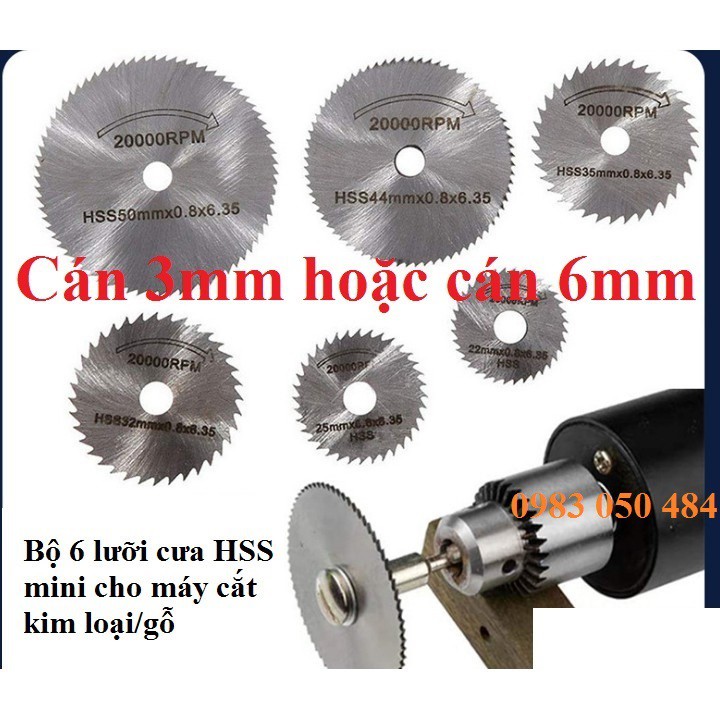 Bộ đĩa cắt răng - lưỡi cưa gỗ nhựa meca mini (6 đĩa cắt 1 cán trục 3mm hoặc 6mm)