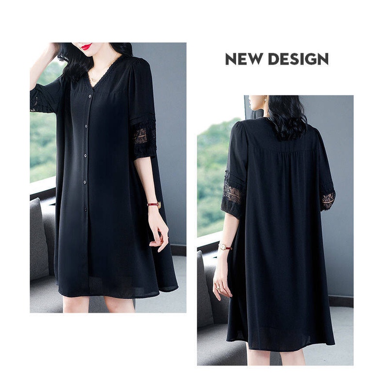 Đầm Lửng Dáng Rộng Màu Đen Thời Trang Mùa Hè Cho Nữ