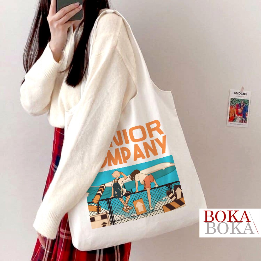 Túi Tote Vải Canvas In Hình Junior Company Có Khóa Miệng Túi