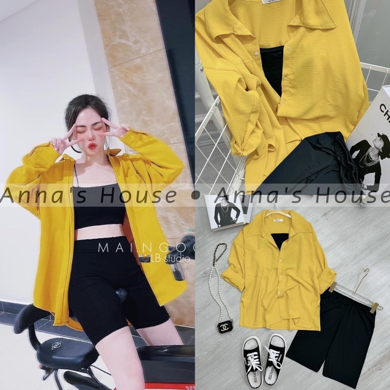 HÌNH THẬT - Set 3 món : sơ mi vàng tay dài + áo crop thun 2 dây đen + quần legging ngố lửng