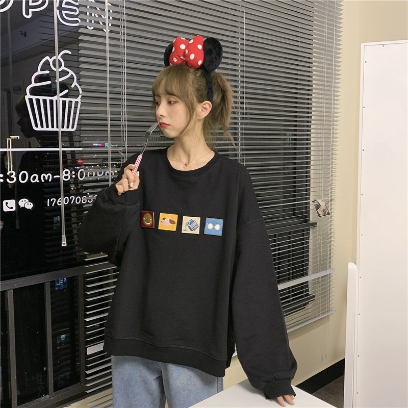 Áo Sweater Cổ Tròn Dáng Rộng Kiểu Hoạt Hình Xinh Xắn Kiểu Hàn Quốc