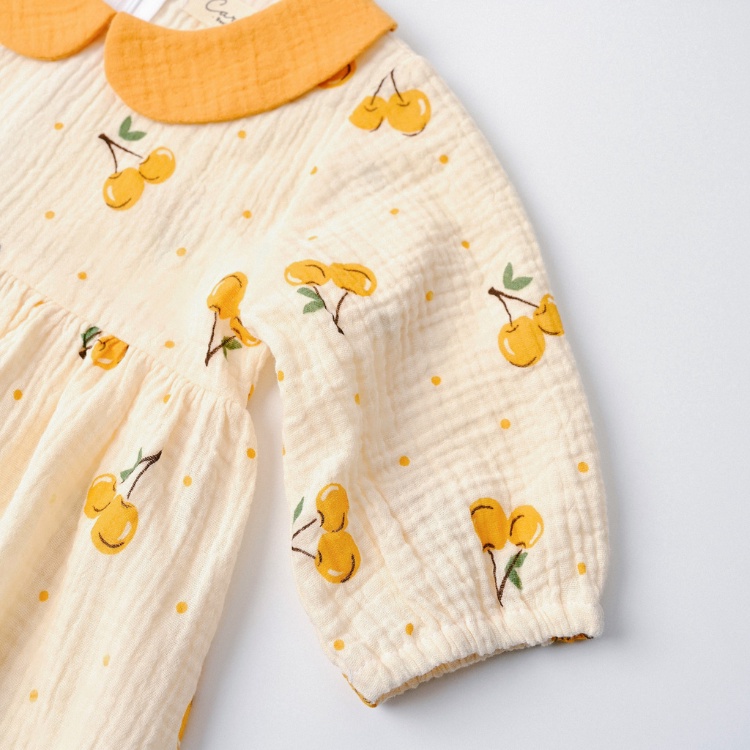 Váy Bé Gái Carrot Đầm Xòe Tay Lỡ Cổ Sen, Họa Tiết Quả Cherry, Chất Xô Muslin Mềm, Thoáng Mát