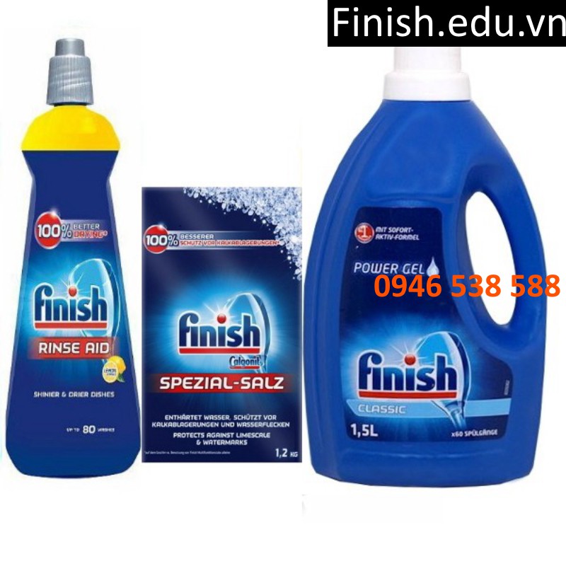 Combo Muối Finish 1.2kg + 1500ml xà bông Finish Power Gel Calassic+Nước làm bóng finish 400 ml dùng cho máy rửa bát