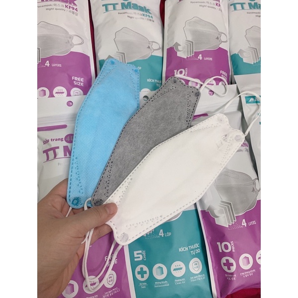 (túi 10c) khẩu trang y tế 4D mask kf94, 4 lớp kháng khuẩn, thoáng khí, lọc sạch PM 0,3. Có 3 màu: trắng, xanh, xám.