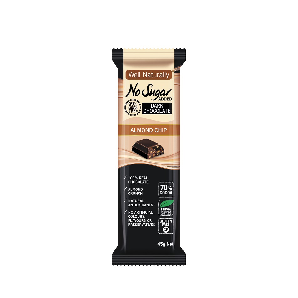 Socola đen không đường hạnh nhân/Cam Well Naturally No Sugar Added Almond Chip Bar/Orange 45g - OZ - Aust Shop Chocolate