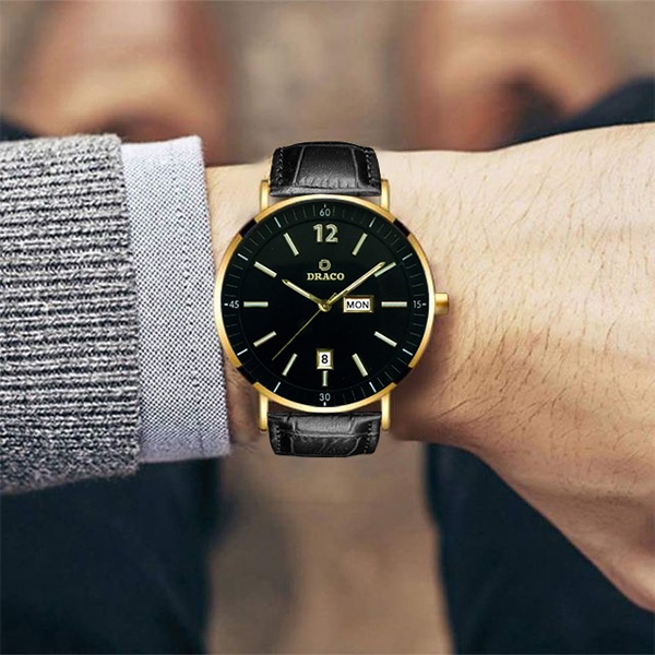 Đồng hồ nam Draco D21-St01 &quot;The First Boy&quot; VÀNG ĐEN DÂY DA ĐEN