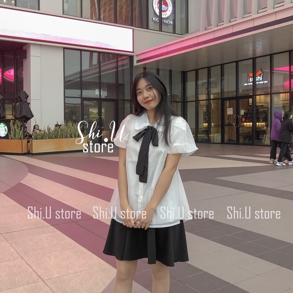 Áo sơ mi nữ dáng babydoll tay bồng chất voan 2 lớp nơ cổ dáng dài xinh xắn