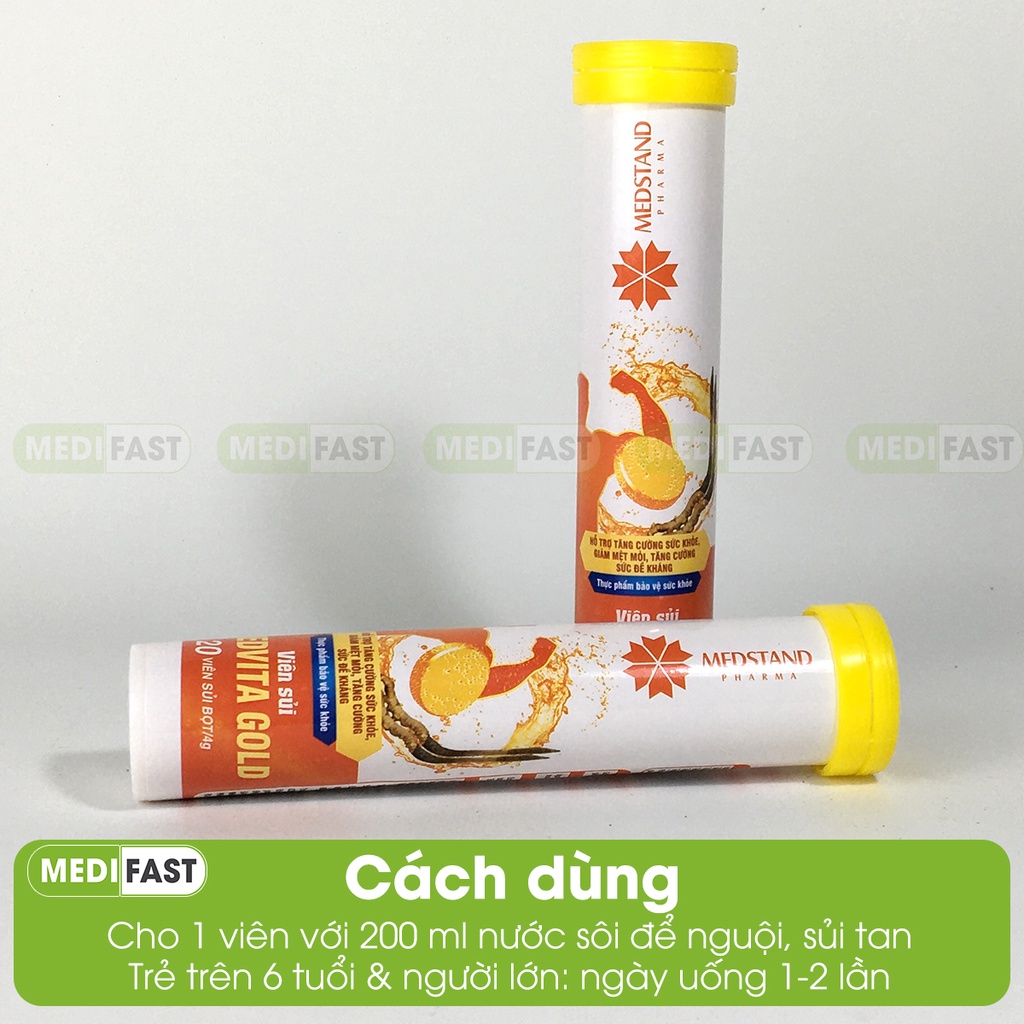 Viên sủi Đông trùng hạ thảo và vitamin Medstand Medvita Gold giảm mệt mỏi, căng thẳng, tăng sức đề kháng tuýp 20 viên