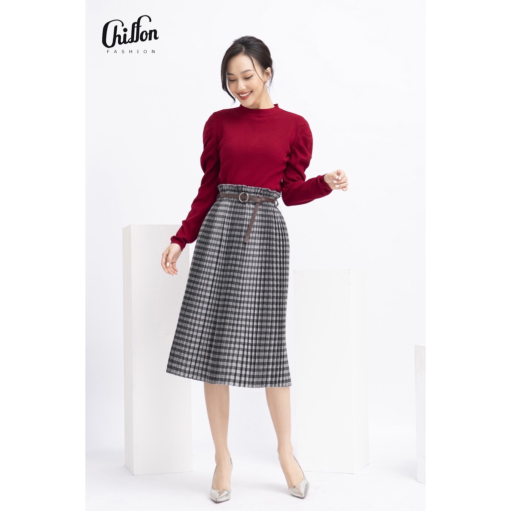 Chân váy dạ kẻ xếp ly dáng dài kem đai thiết kế by Chiffon (freesize) | BigBuy360 - bigbuy360.vn