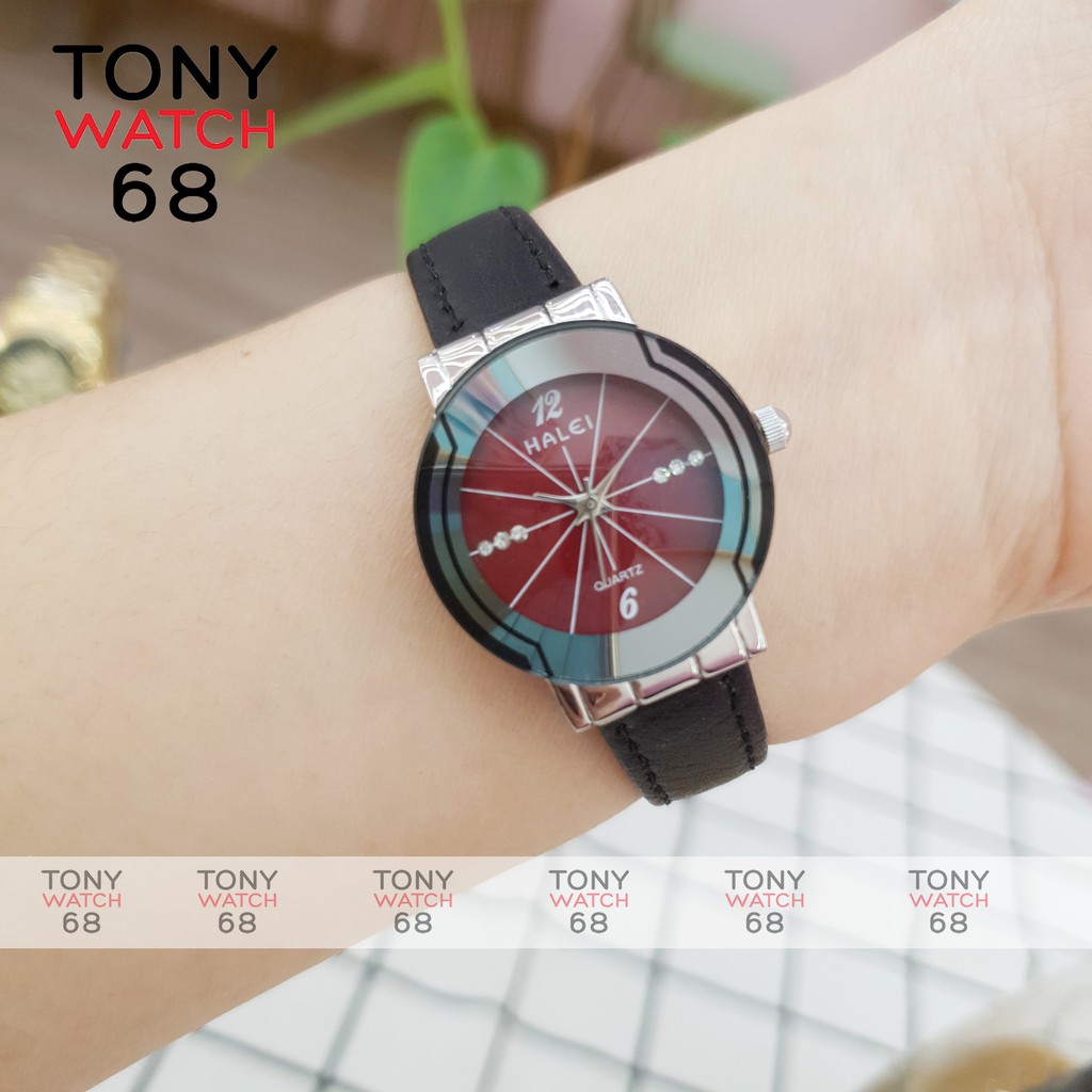 Đồng hồ nữ dây da Halei dây đen mặt đen chính hãng Tony Watch 68