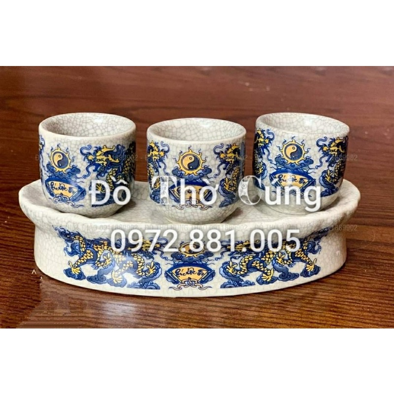 Bộ đồ thờ thần tài men rạn rồng vàng viền xanh