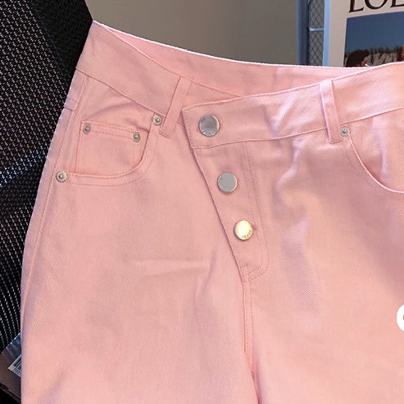 Quần short denim RENJIANVSHENG 175587 lưng cao ống rộng thiết kế độc đáo