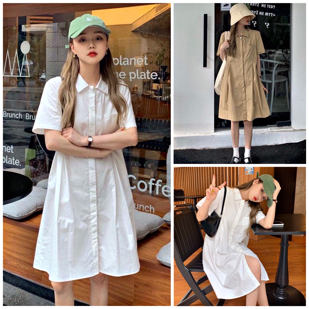 [Ảnh thật/Sẵn] Đầm - Váy sơ mi túi ngực xếp li eo dáng chữ A