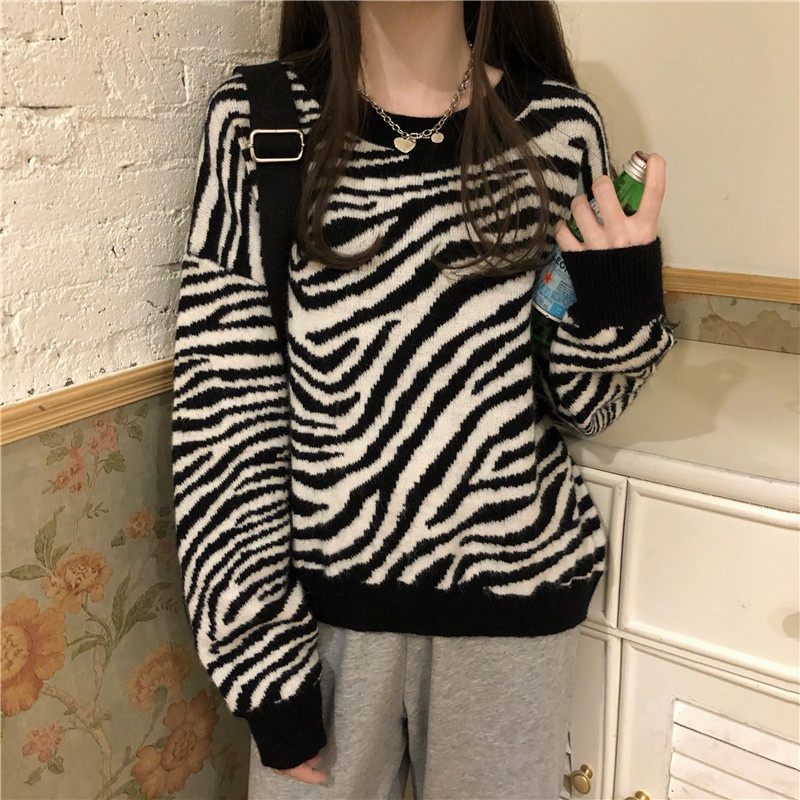 Áo Sweater Nữ Dáng Rộng In Họa Tiết Ngựa Vằn Thời Trang Mùa Thu Hàn Quốc Mới